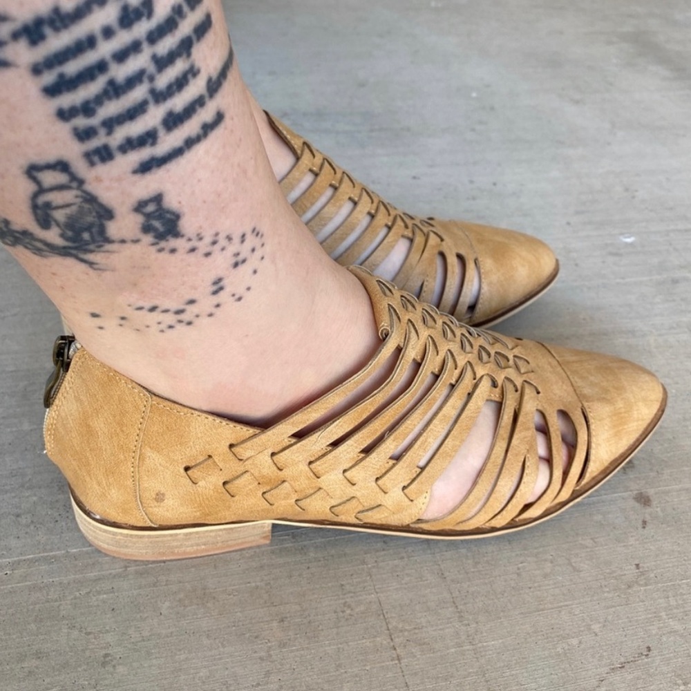 Camel Brown Boho Slit Cut Out Cage Woven Ankle Flats Booties